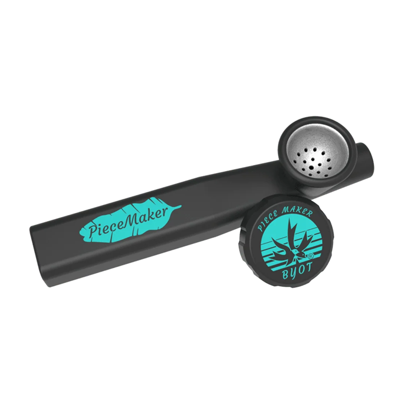 Black smoking accessory with 'PieceMaker' branding on a white background