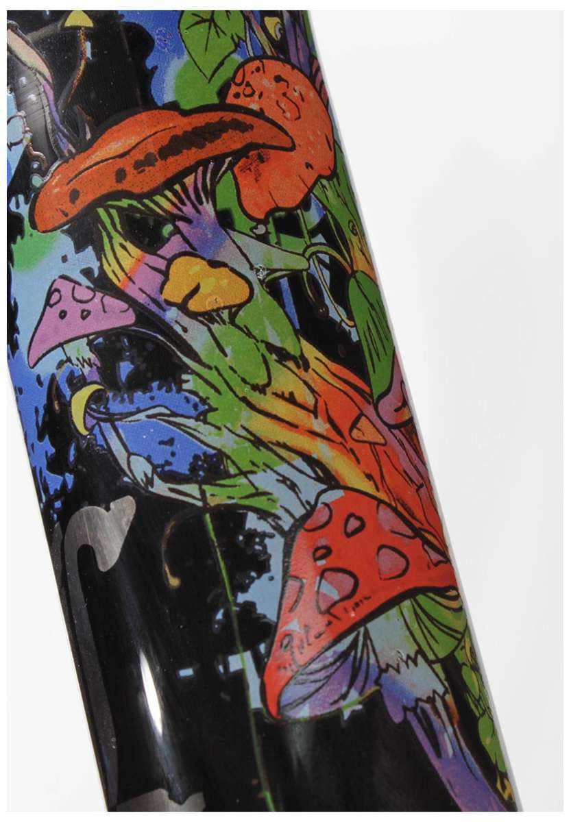 Colorful mushroom illustration on a black glass bong