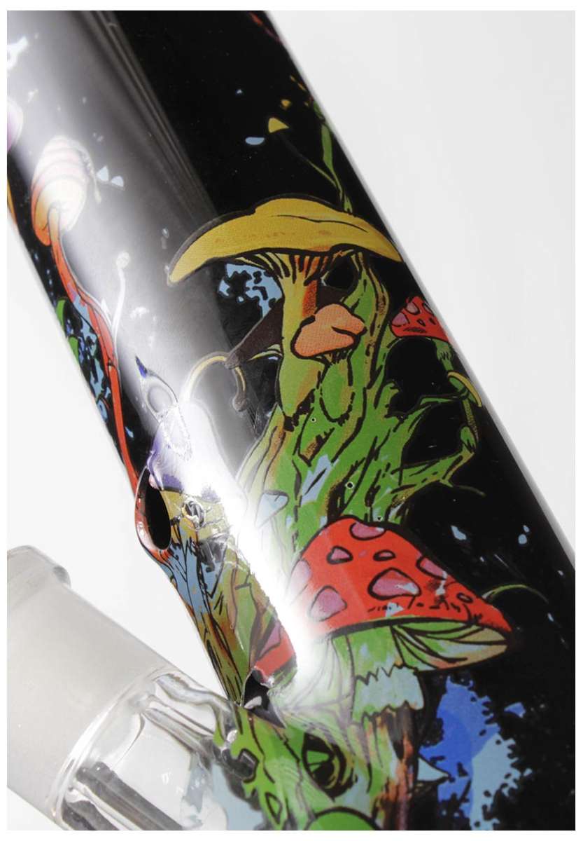 Close-up of a colorful bong with cartoonish mushroom design on a black background