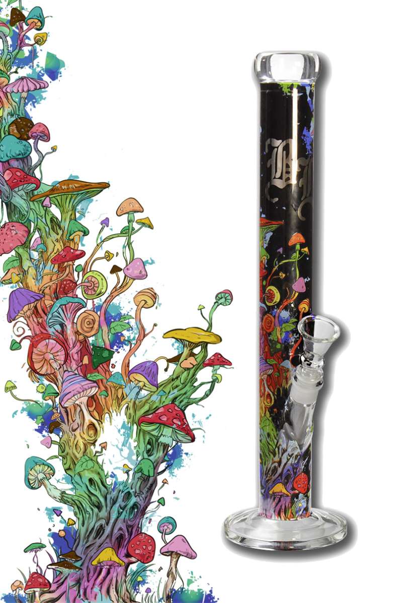Black Leaf Mushroom Tree Glass Bong on a white background