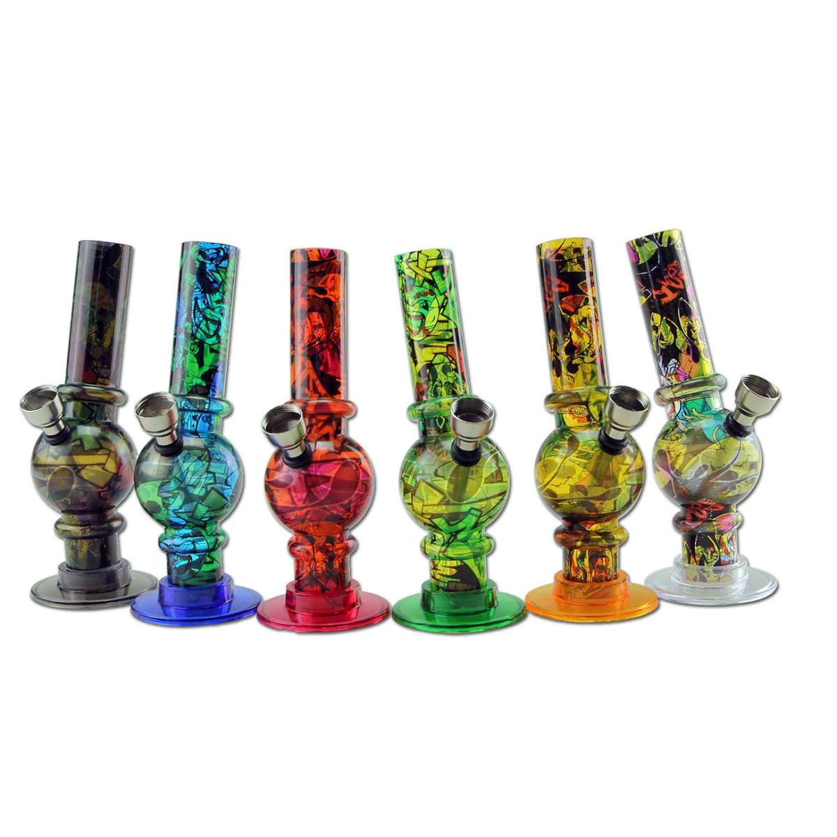Acrylic coloured bongs on a white backgrounds