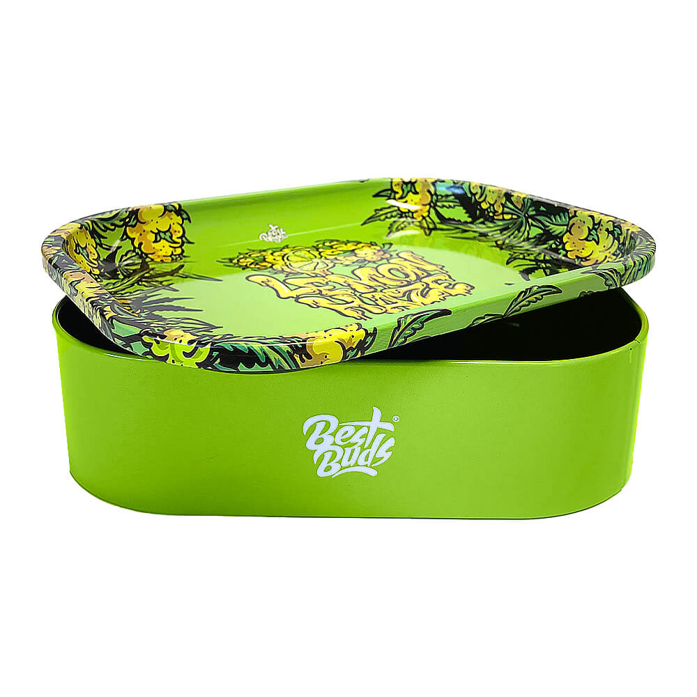 Best Buds Tin Box Rolling Tray with Storage Lemon Haze