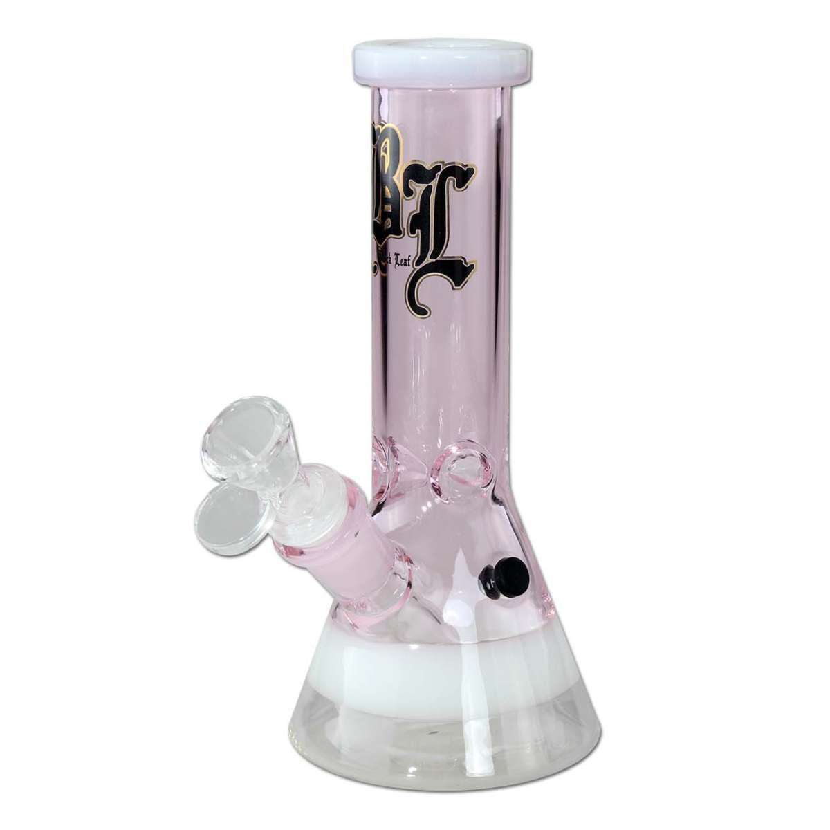 Pink glass bong with a logo on a white background
