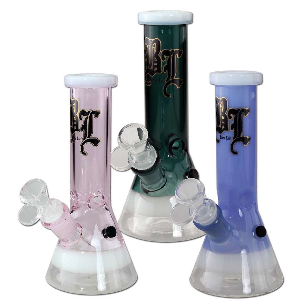 Three glass Black Leaf bongs with colorful bodies and white bases on a white background
