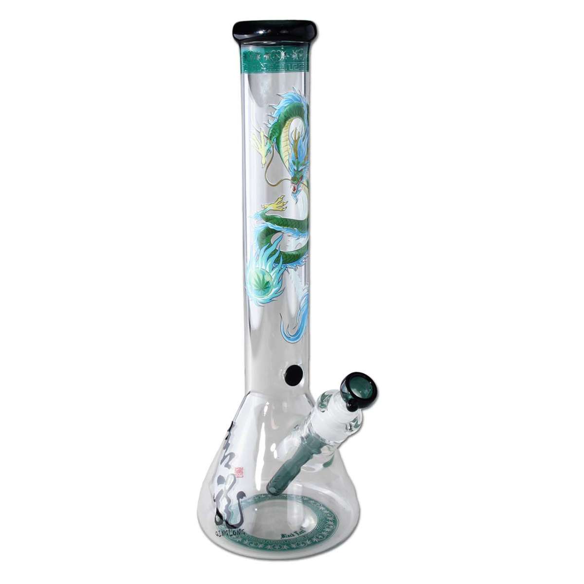 Glass bong with artistic design on a white background