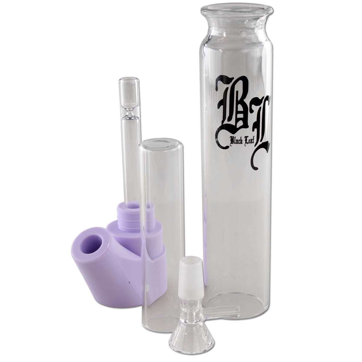 Black Leaf Glass bong with components on a white background