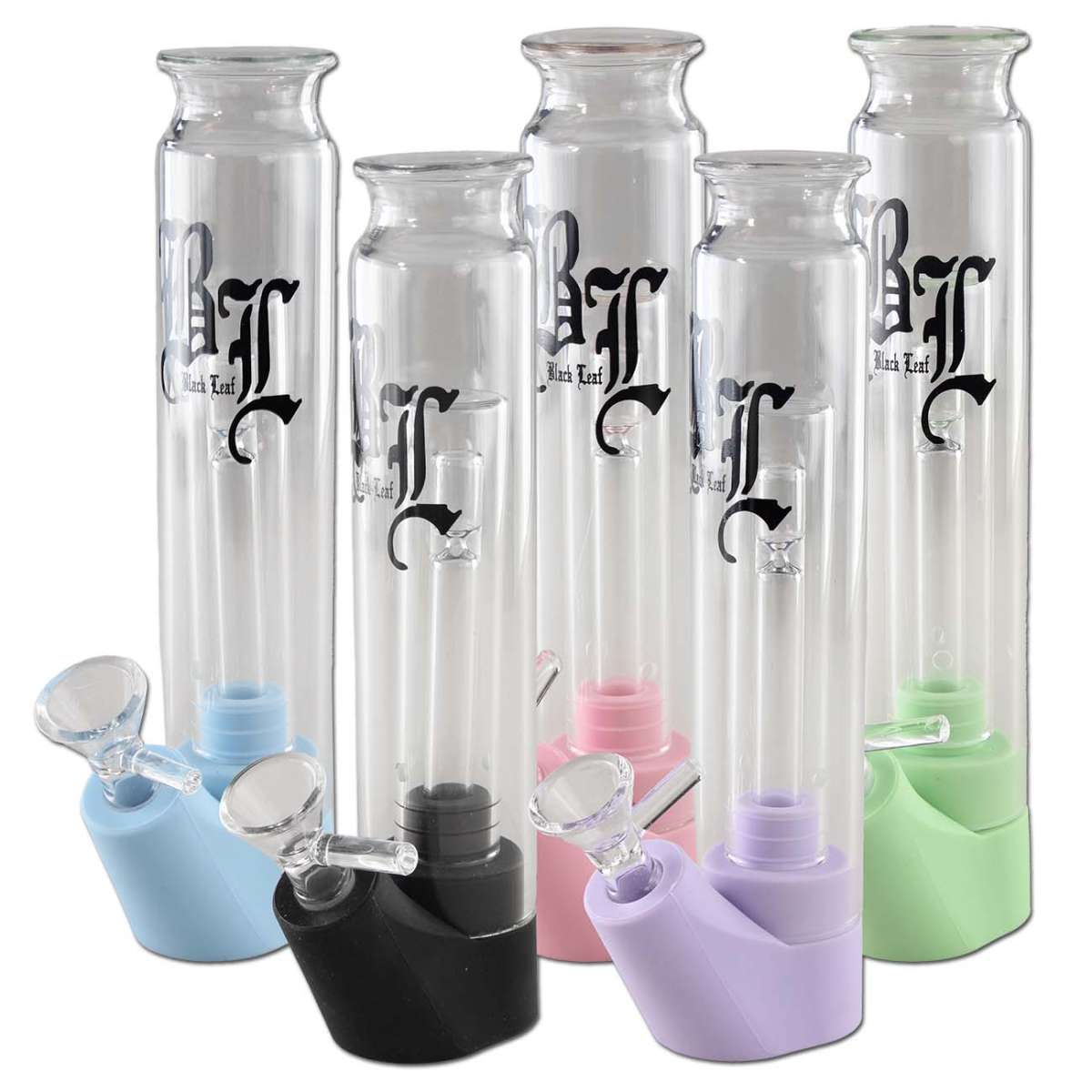 Set of clear Black Leaf glass bongs with colorful silicone caps on a white background