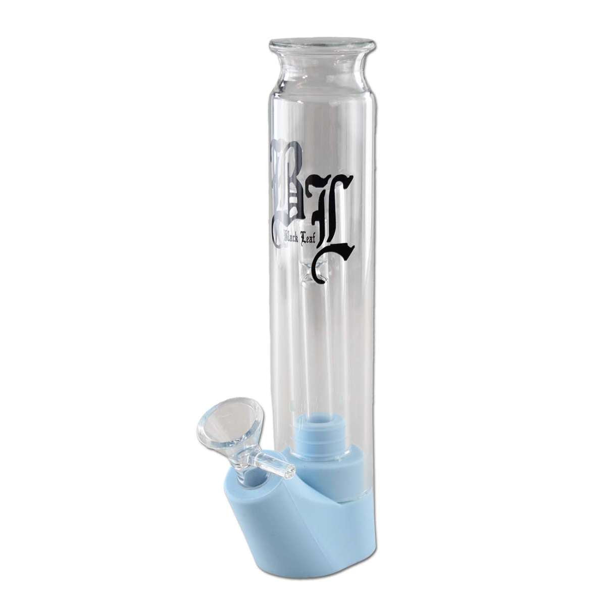 Clear Black Leaf glass smoking bong with blue base on a white background