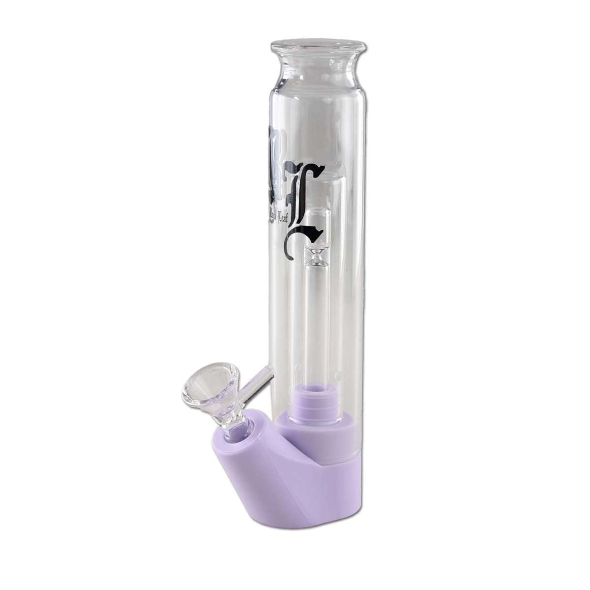 Clear Black Leaf glass  bong with purple base on a white background