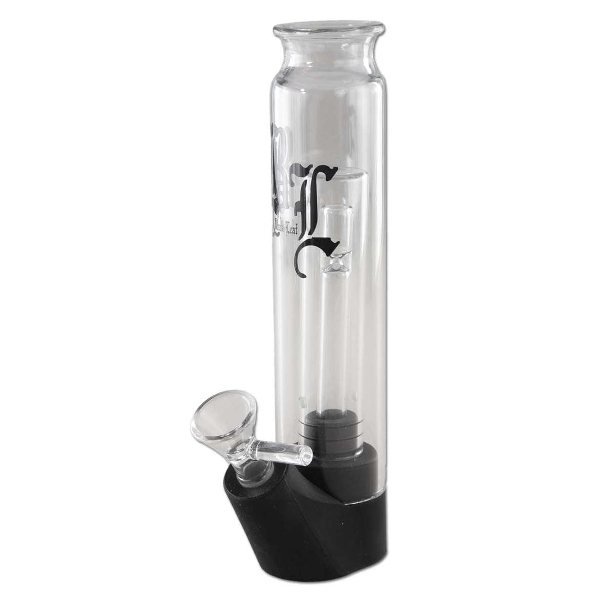 Clear Black Leaf glass water bong with black base and logo on a white background