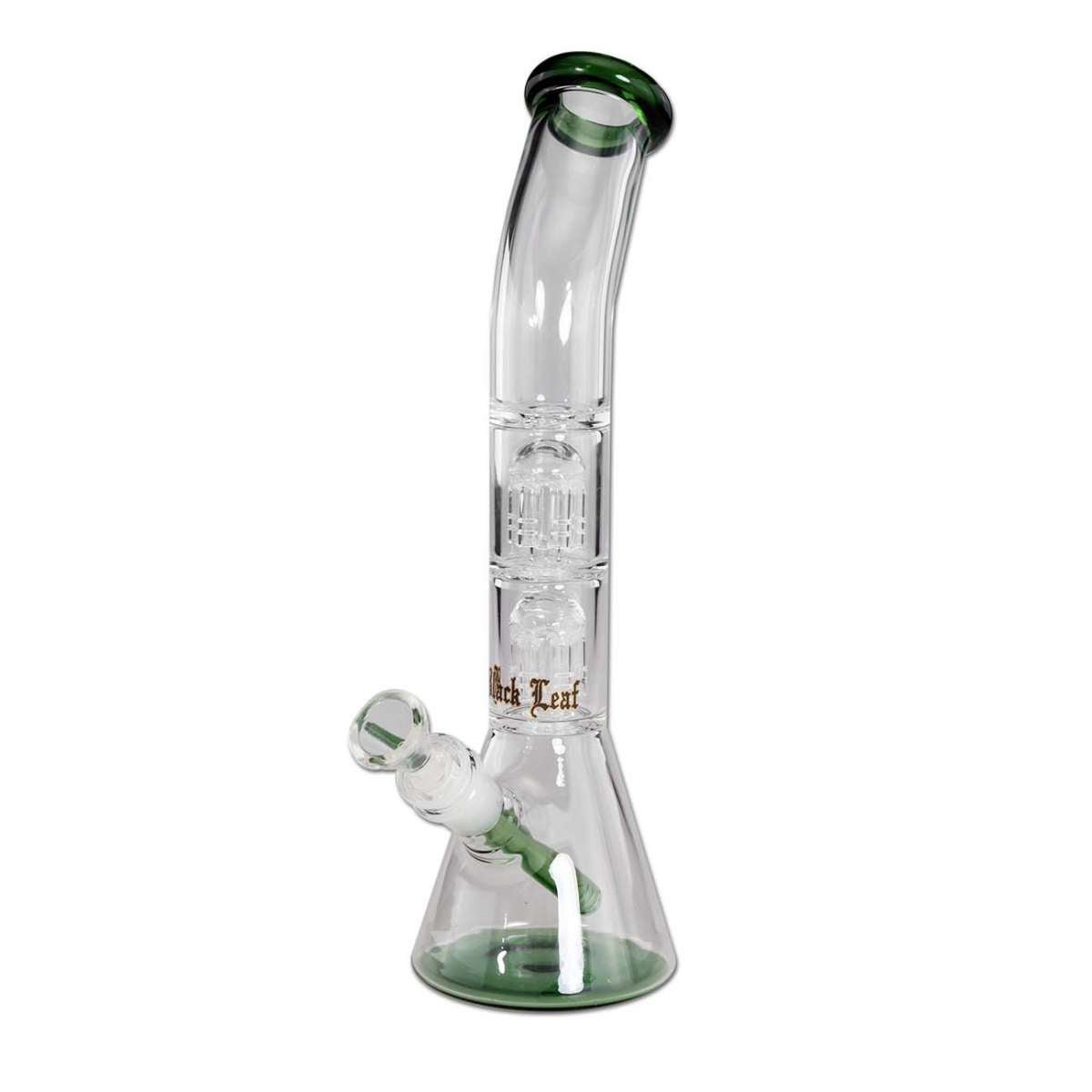 Glass water bong with green accents on a white background
