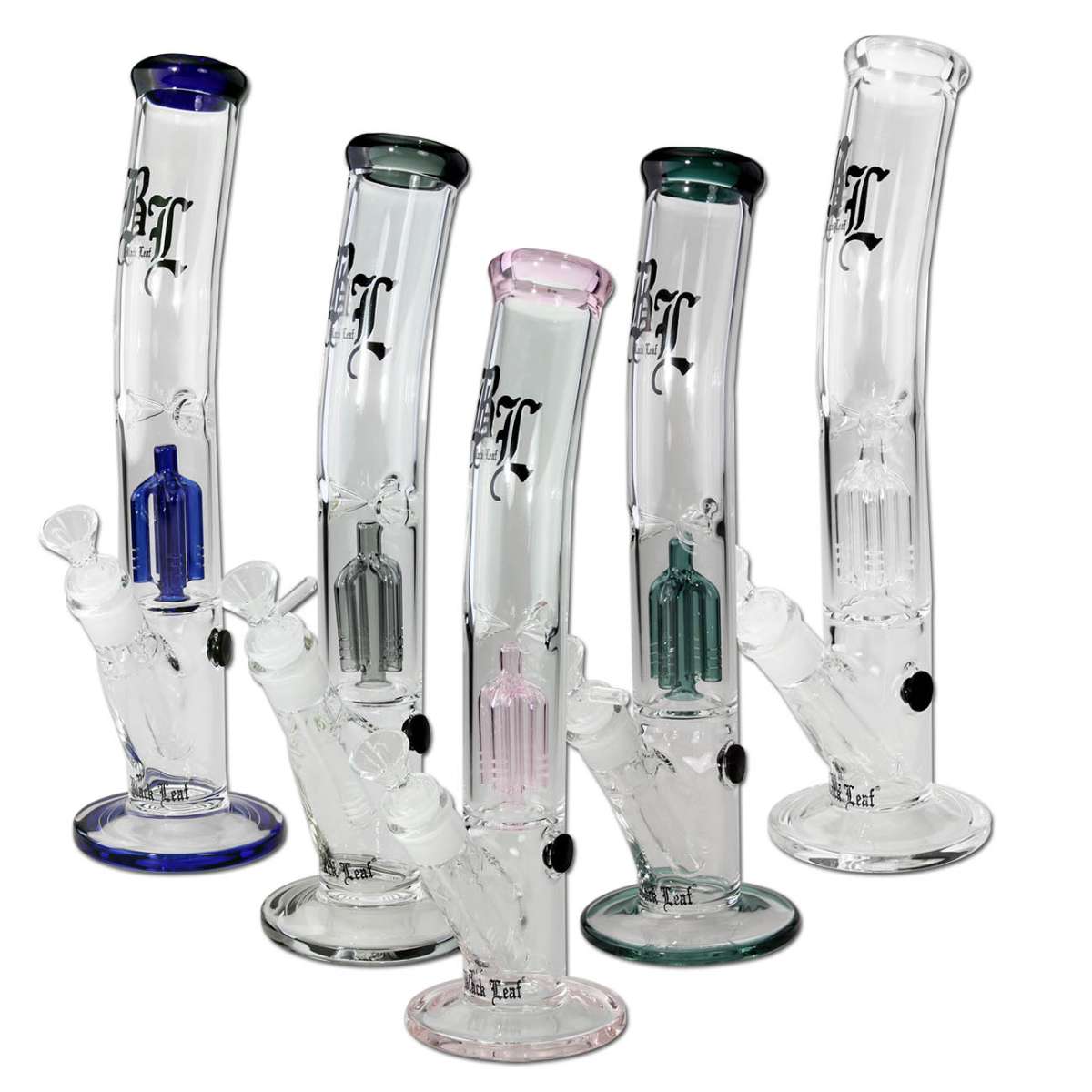 Five glass bongs with brand logo on a white background