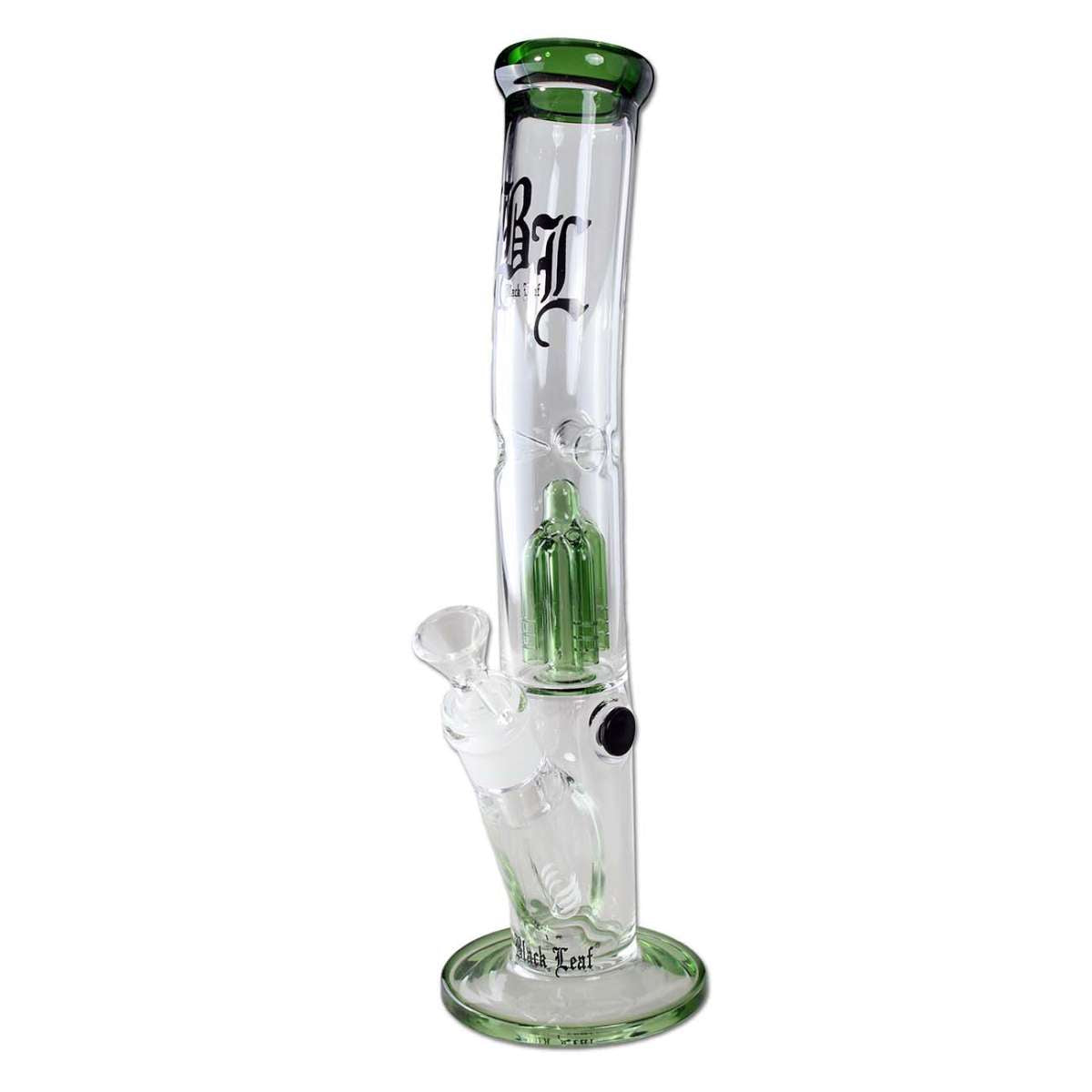 Clear glass water bong with green accents on a white background
