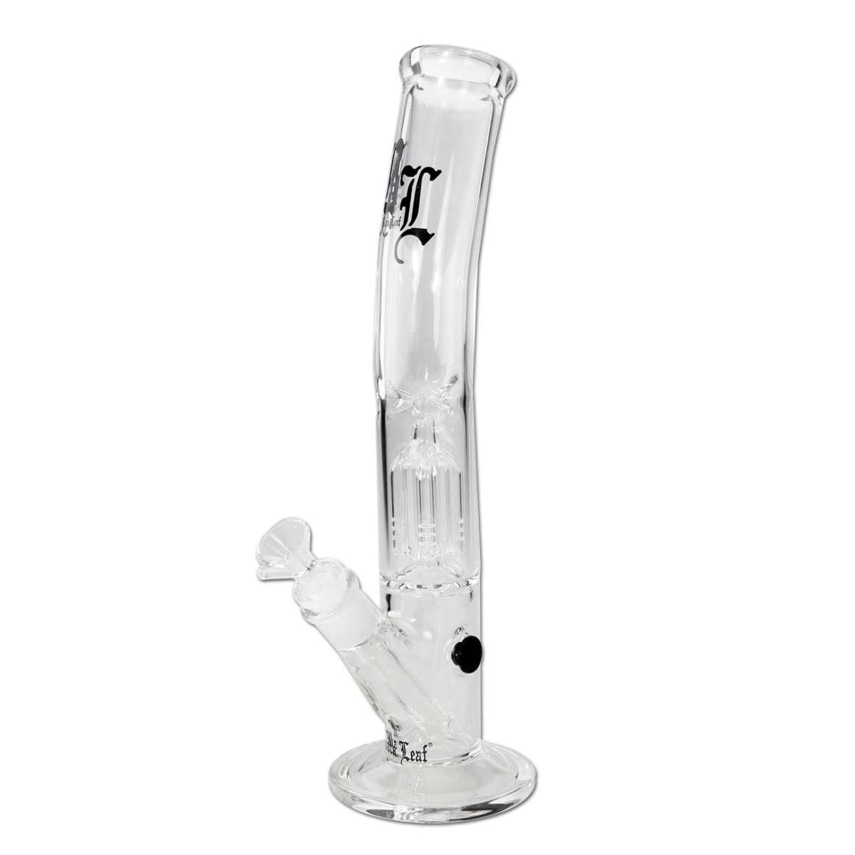 Clear glass water bong with a logo on a white background
