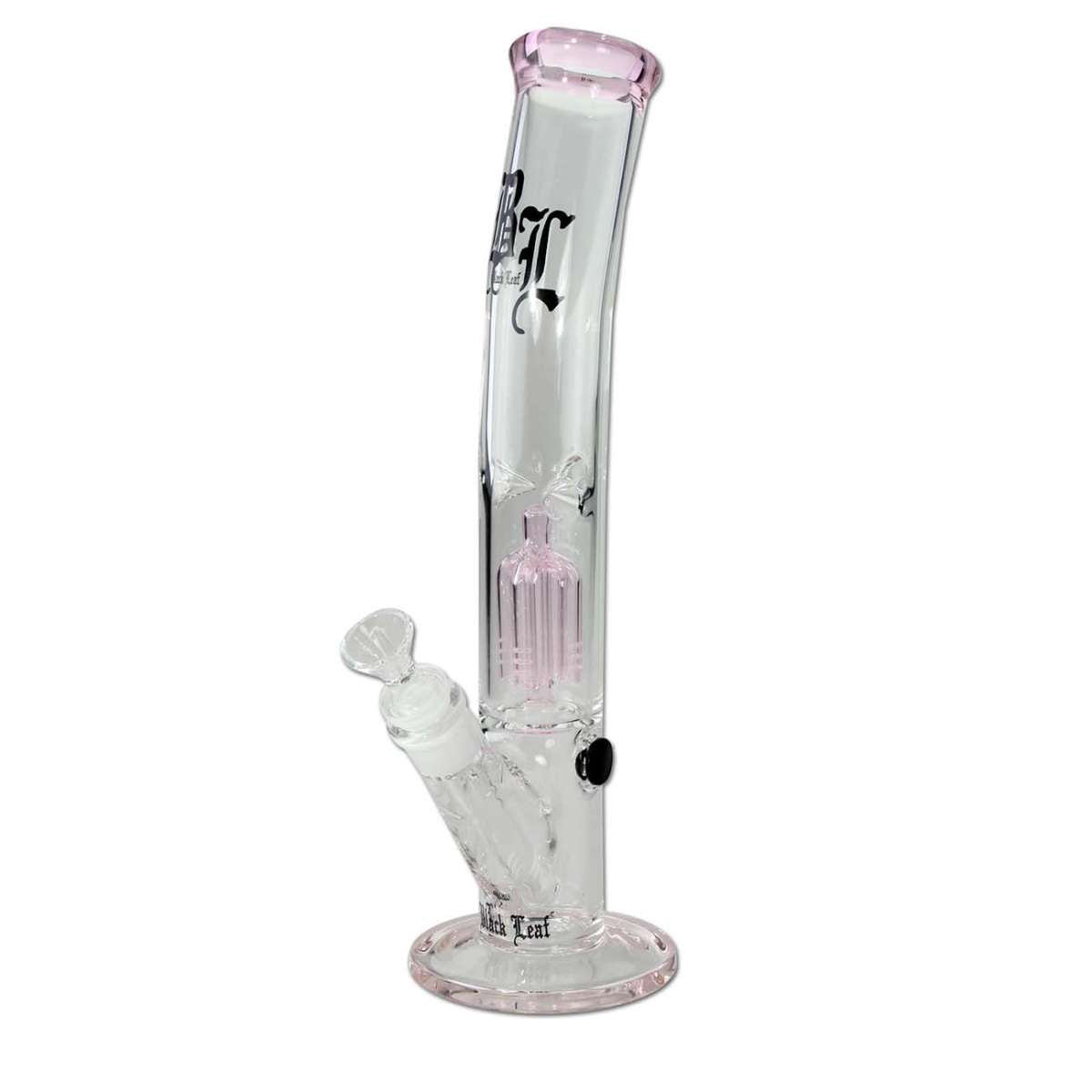 Clear glass water bong with pink accents on a white background
