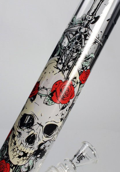 Black Leaf Skulls and Roses Glass Bong - Plumes