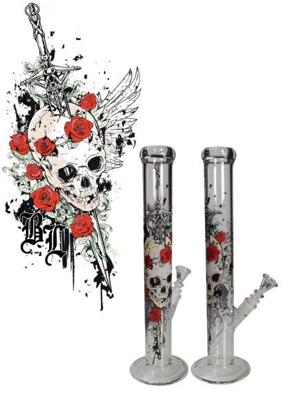 Black Leaf Skulls and Roses Glass Bong - Plumes