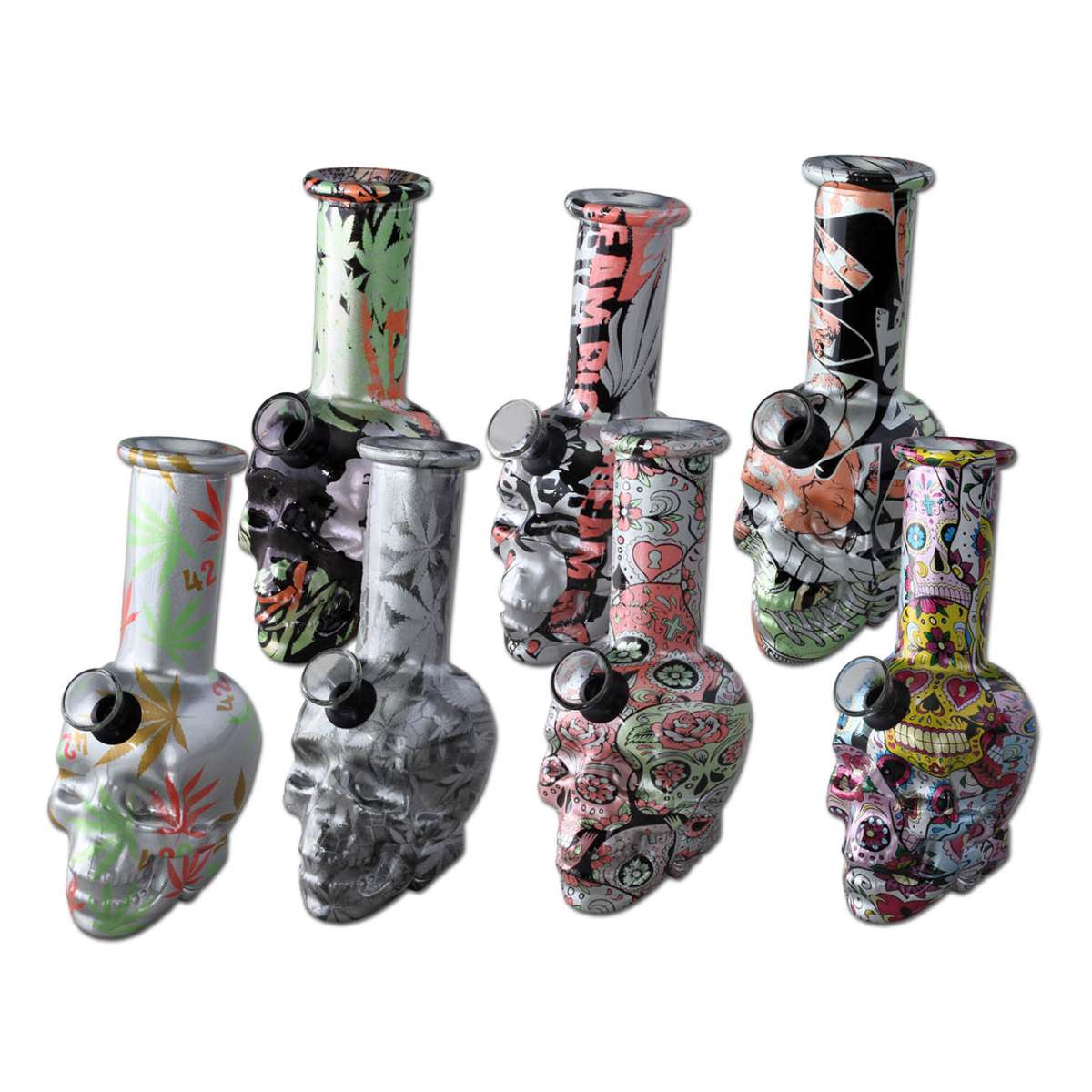 Colorful glass Skull Bongs with artistic designs on a white background