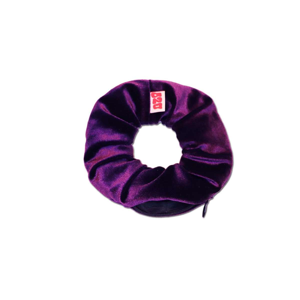 Purple scrunchie with a brand label on a white background