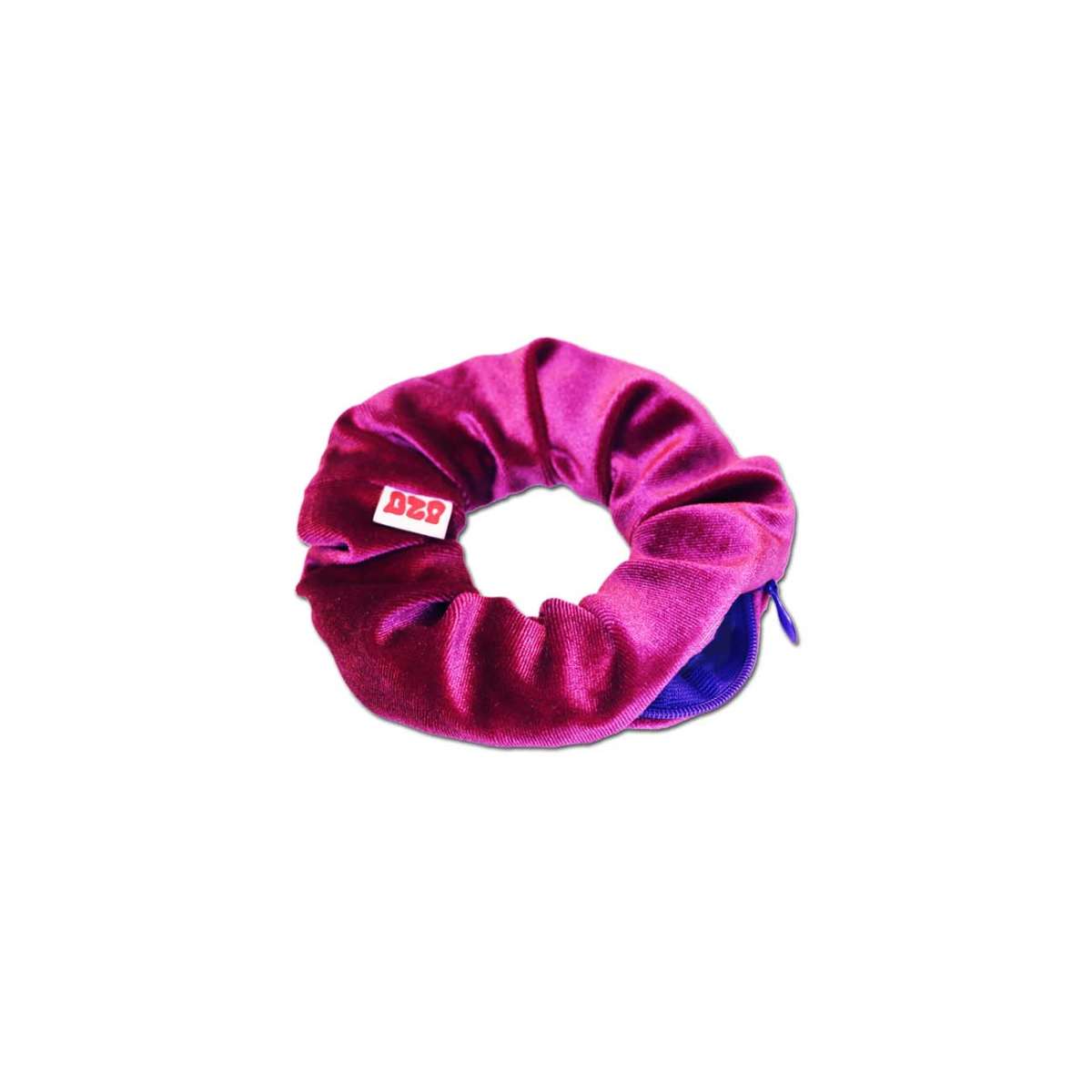 Pink scrunchie with a brand label on a white background