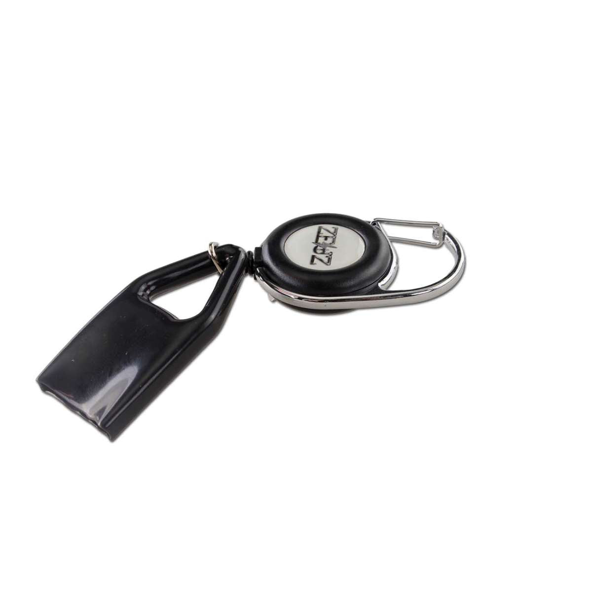 Retractable keychain with black handle and silver clip and Zeuz logo on a white background